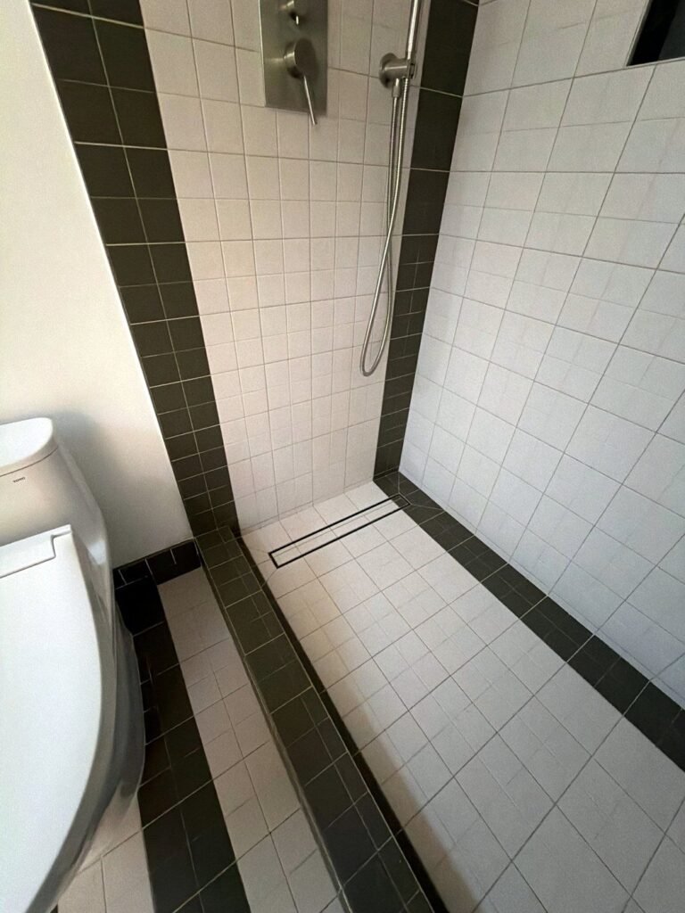 Slide-bar handheld shower and linear drain, San Jose