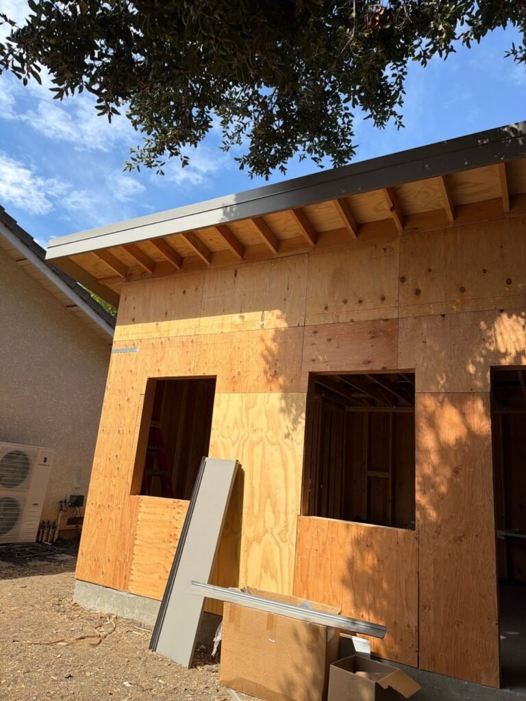 Exterior sheathing and roof eaves on a detached ADU in Los Altos