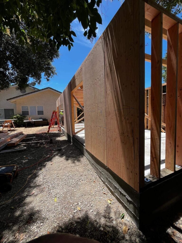 Wall framing going up on a detached ADU in Los Altos