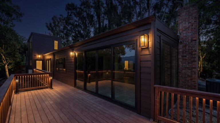 New addition and deck at dusk, Los Gatos