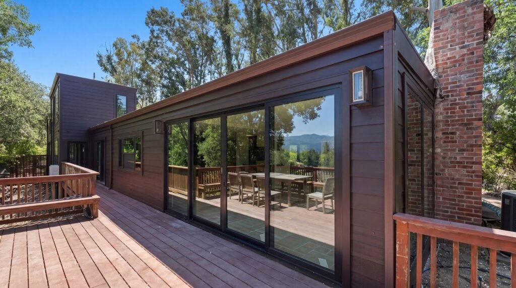 Home addition exterior with dark siding, wood deck and full-height sliding glass doors