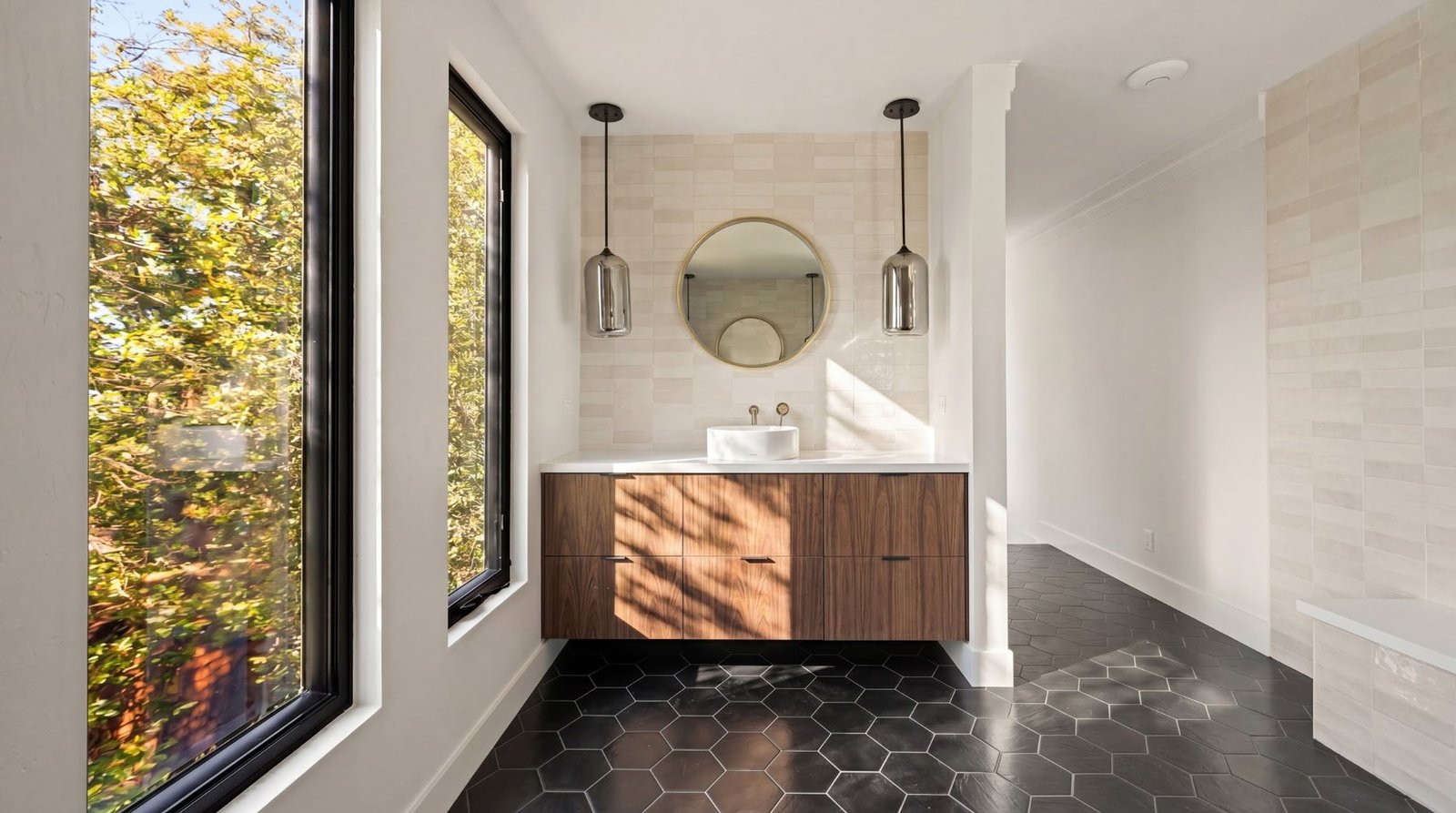 Vanity between tall windows