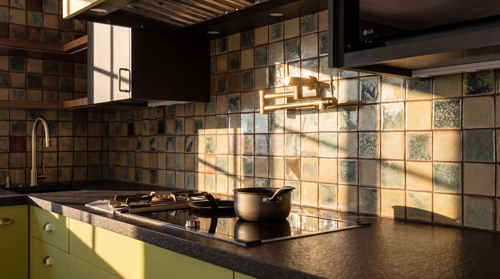 Gas cooktop and brass pot filler in front of handmade tile