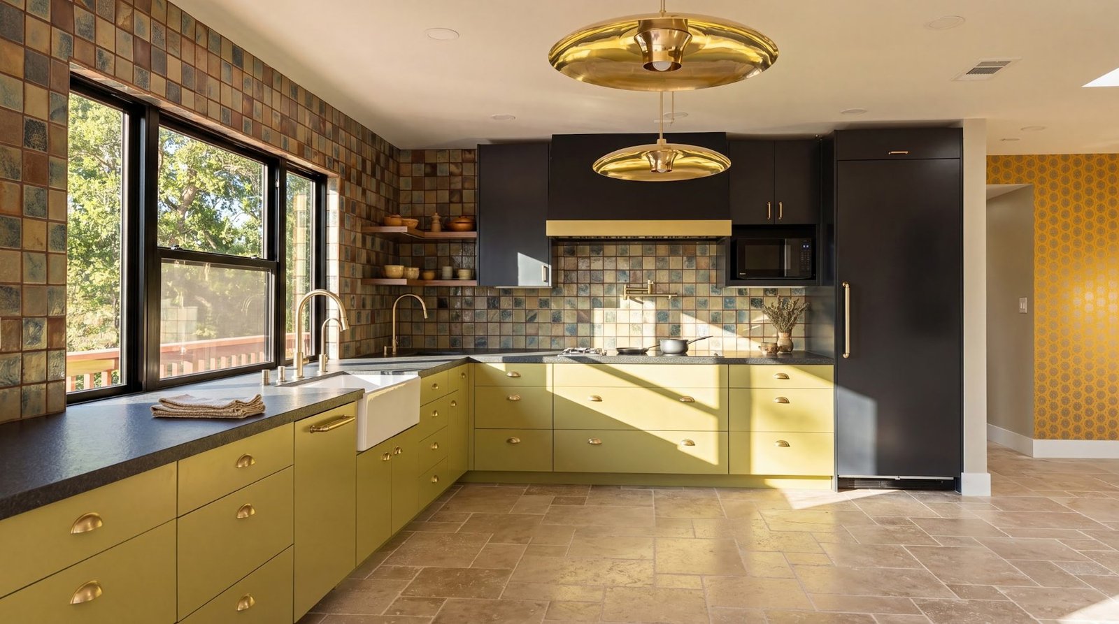 Olive cabinets and pendants