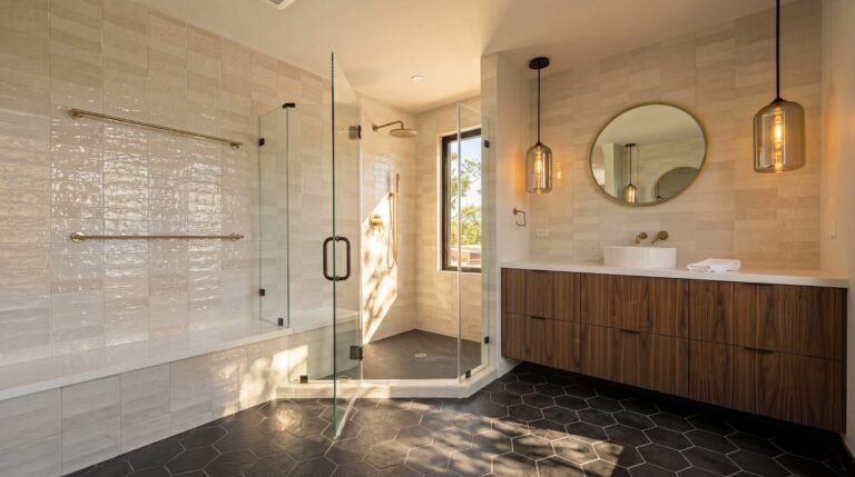 Walnut vanity and glass shower, Los Gatos